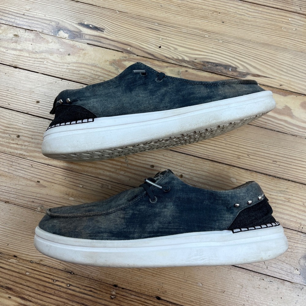 Hey Dude Wally Distressed Denim Studded Loafers womens 10 Grey Blue Slip On Shoe - Picture 2 of 10